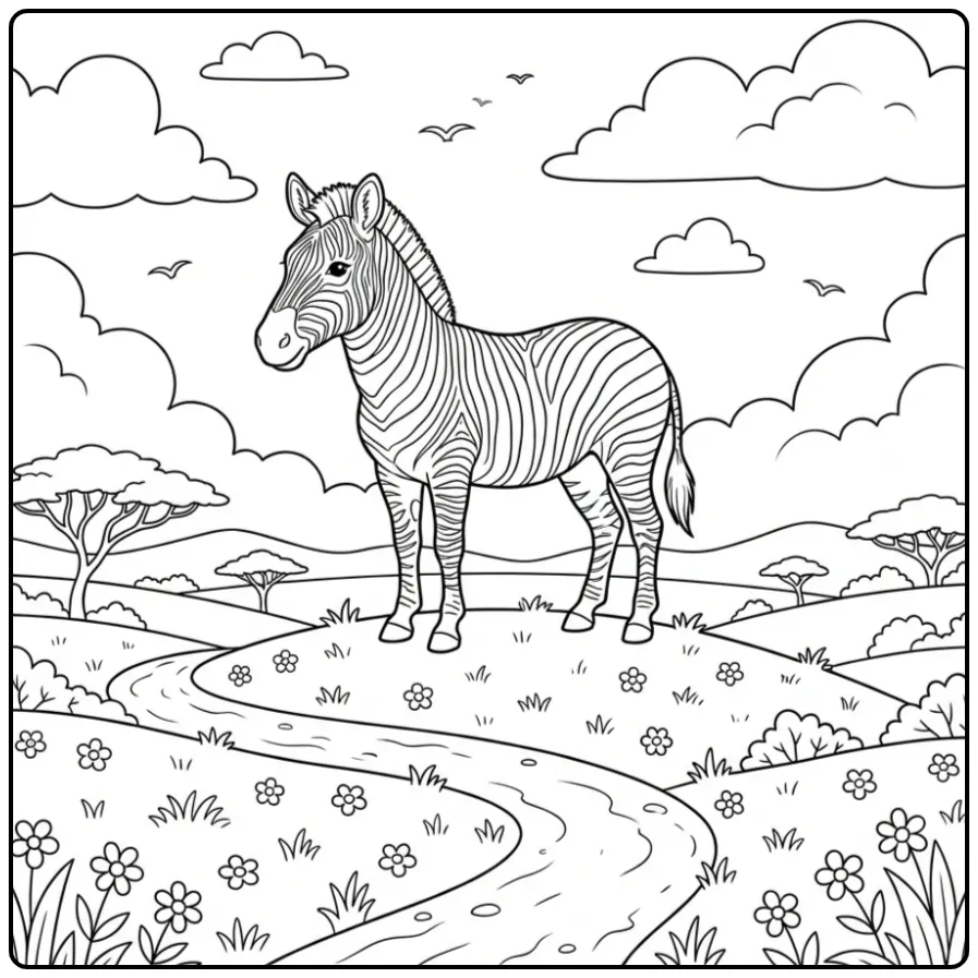 Cute Zebra on a Hill in the Savanna coloring page