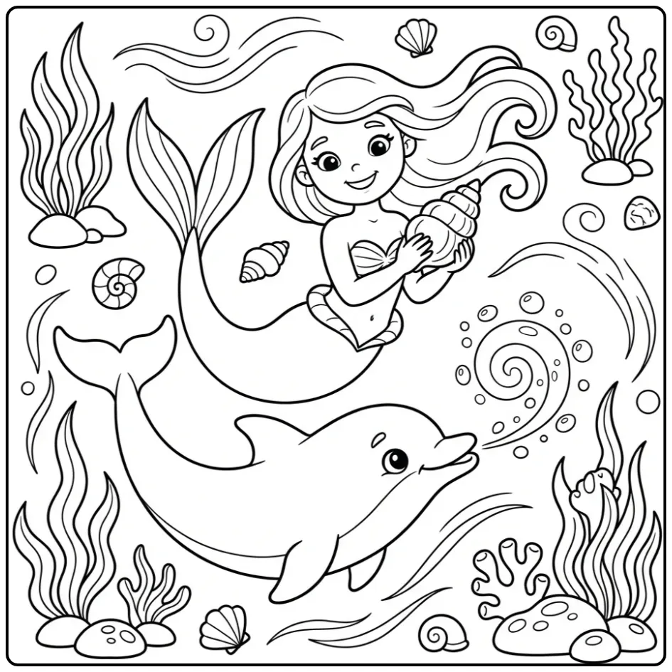 Cute Mermaid with Dolphin and Shell coloring page