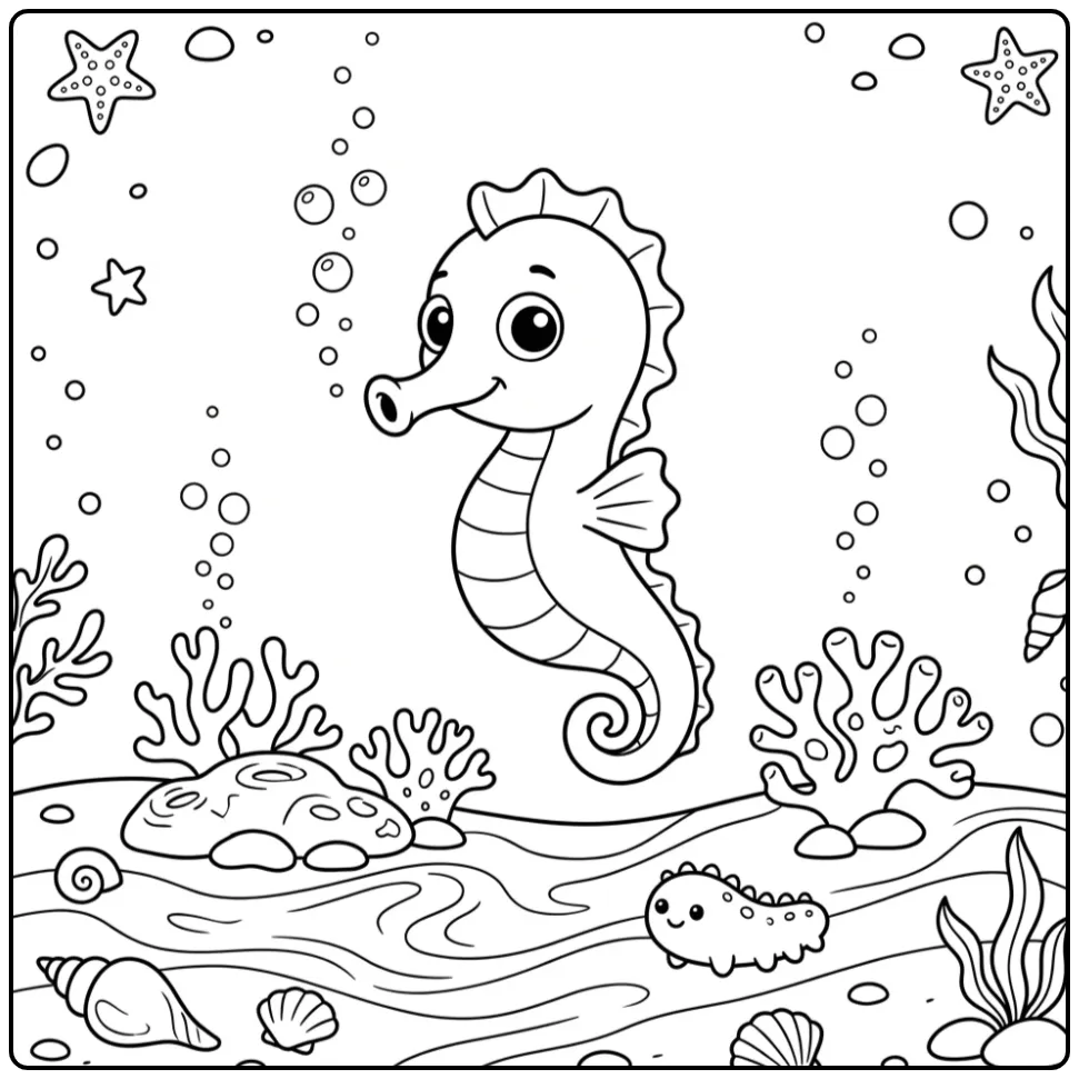 Cute Seahorse with Bubbles and Coral coloring page
