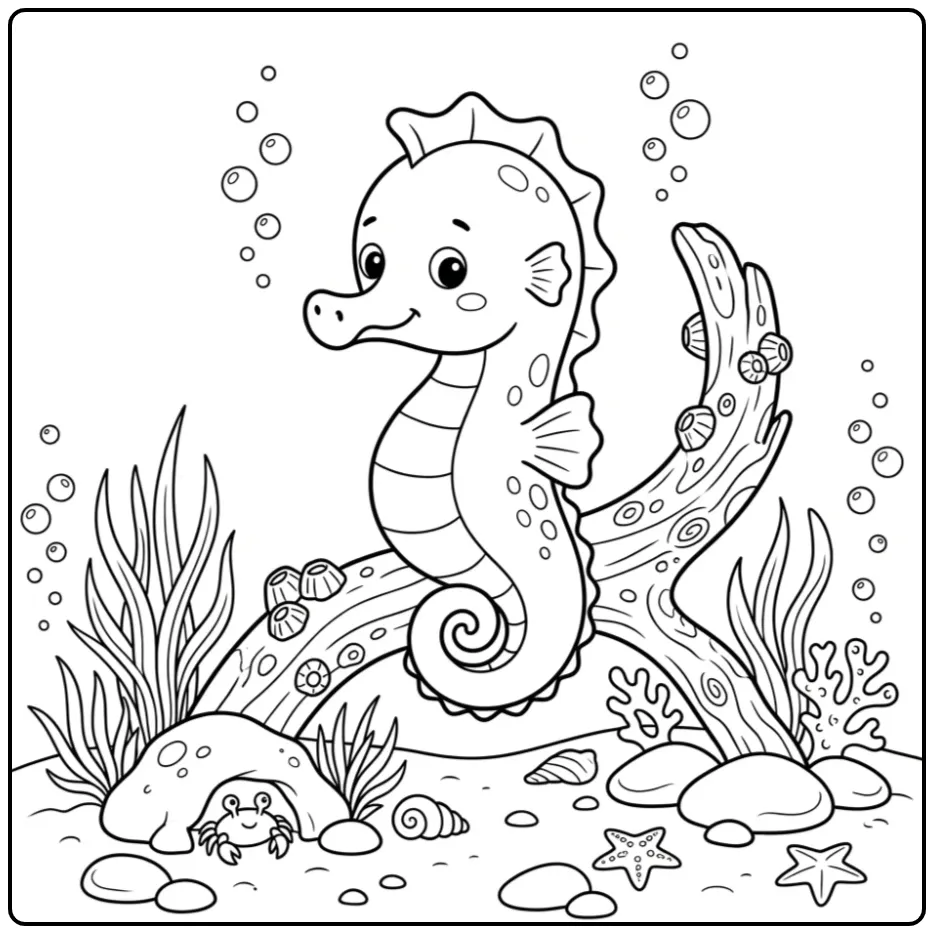 Cute Seahorse with Driftwood coloring page