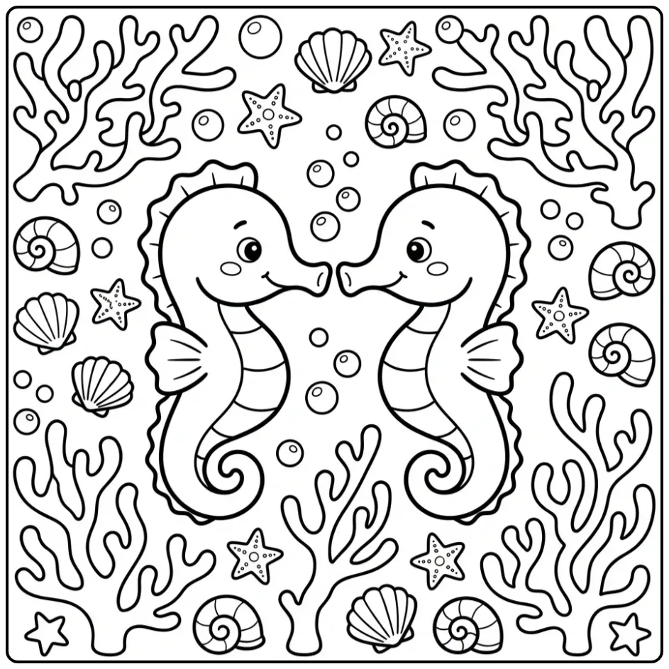 Cute Seahorse with Coral and Bubbles coloring page