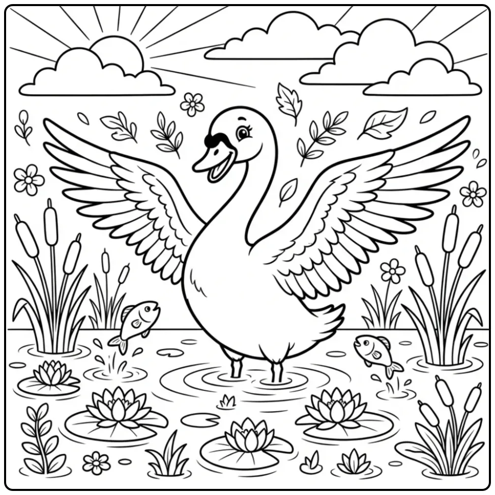Swan coloring page spreading wings among reeds and flowers