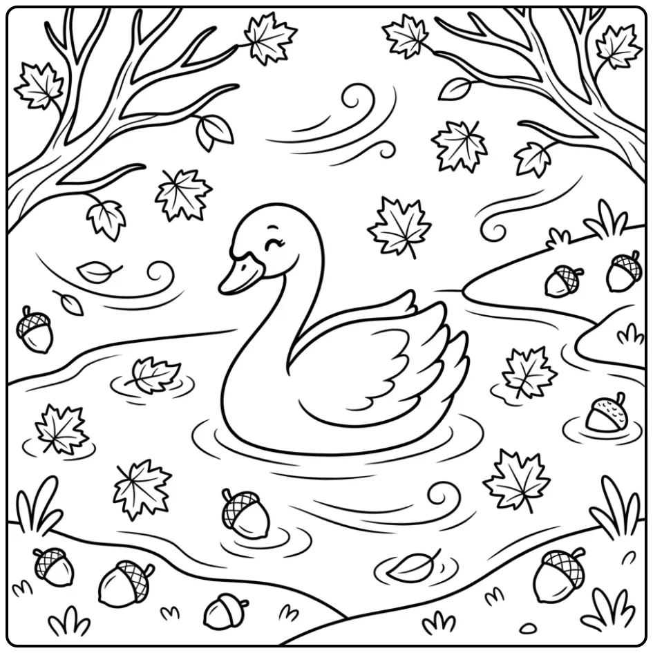 Swan coloring page among falling autumn leaves