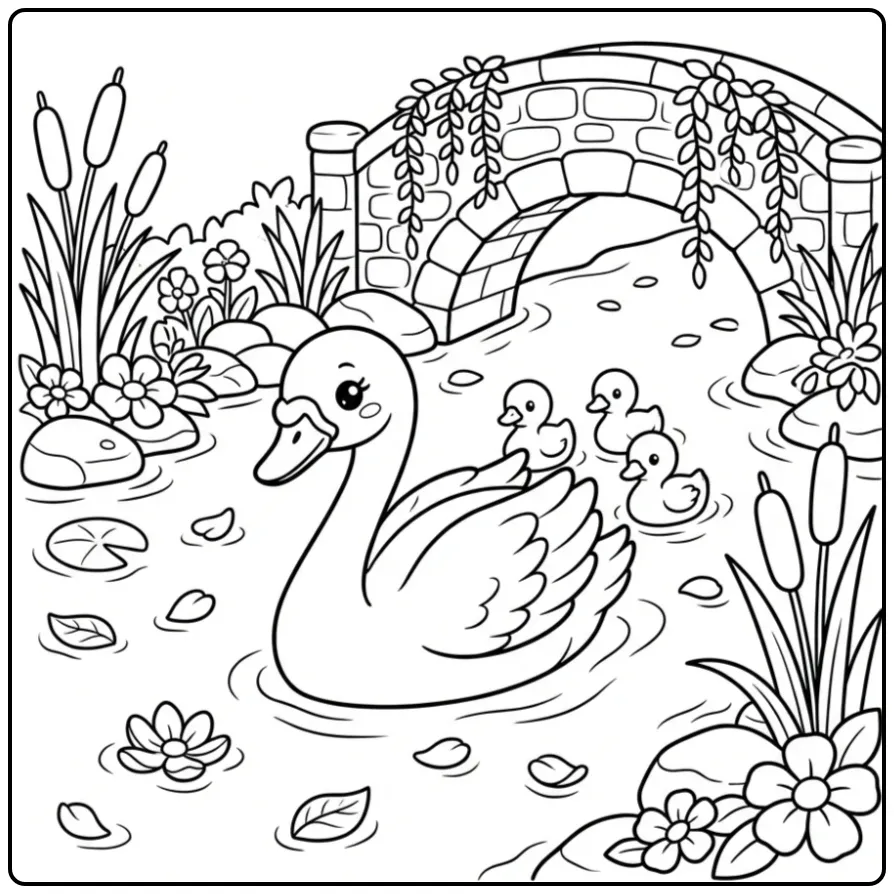 Swan coloring page swimming by a small bridge