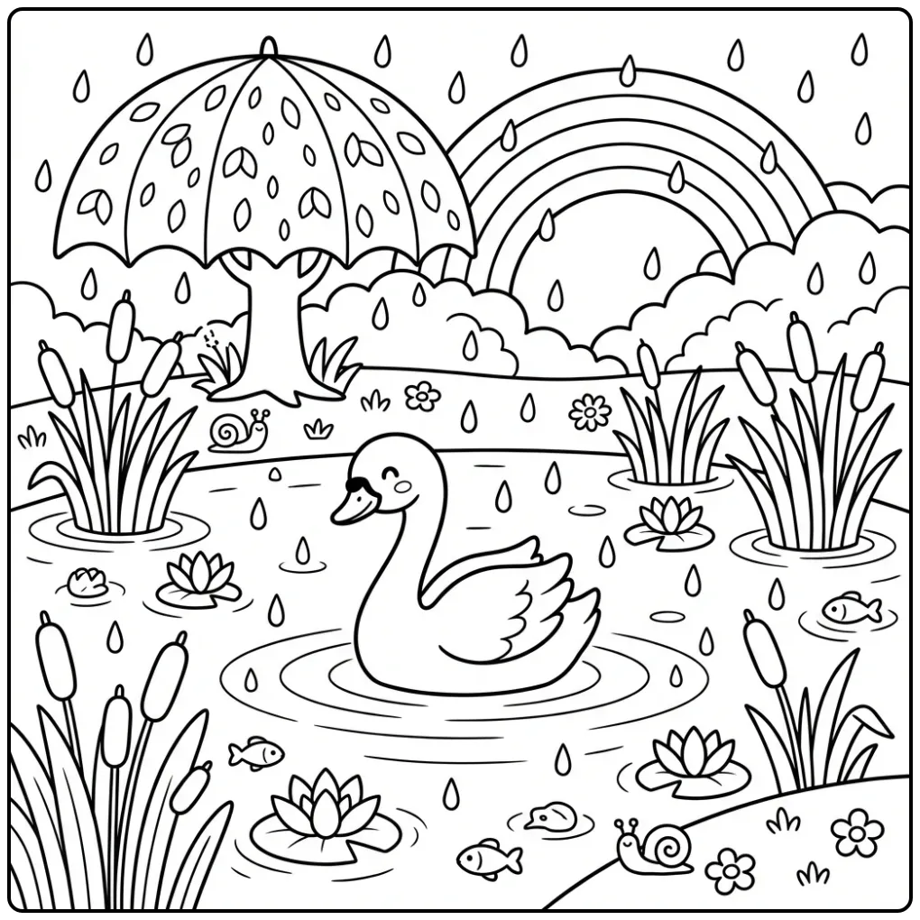Swan coloring page swimming in the rain on a lake