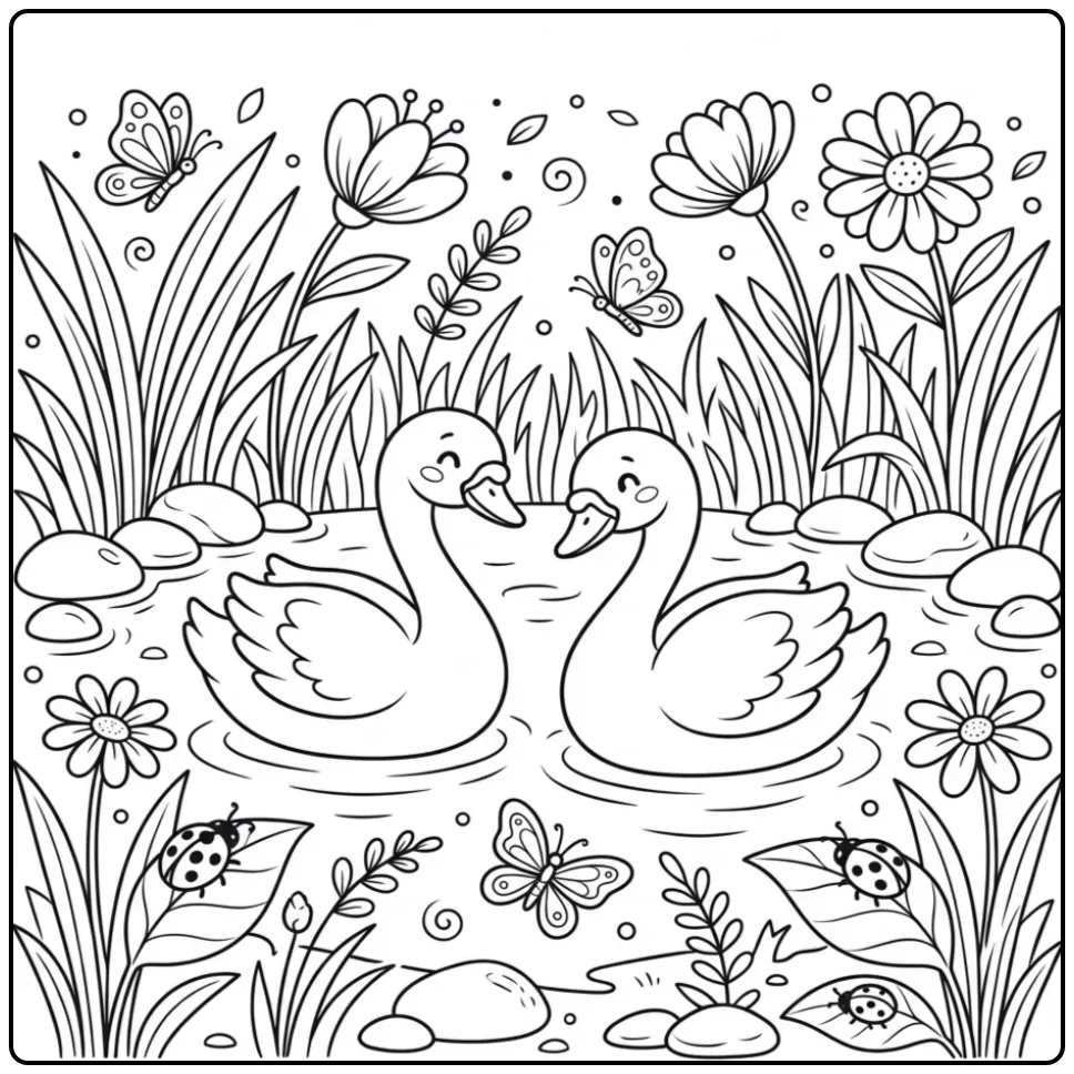 Swan coloring page with two swans in the water