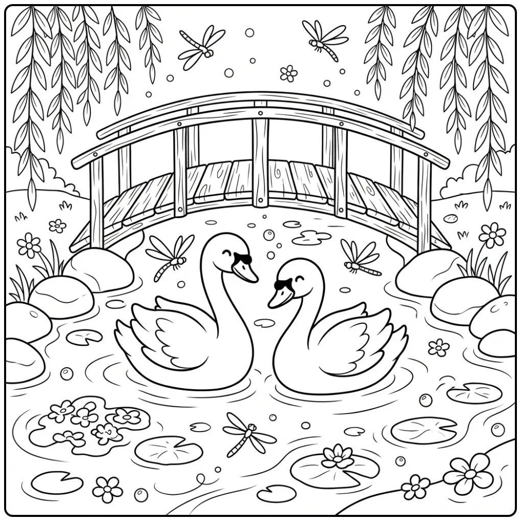 Swan coloring page with two swans and dragonflies