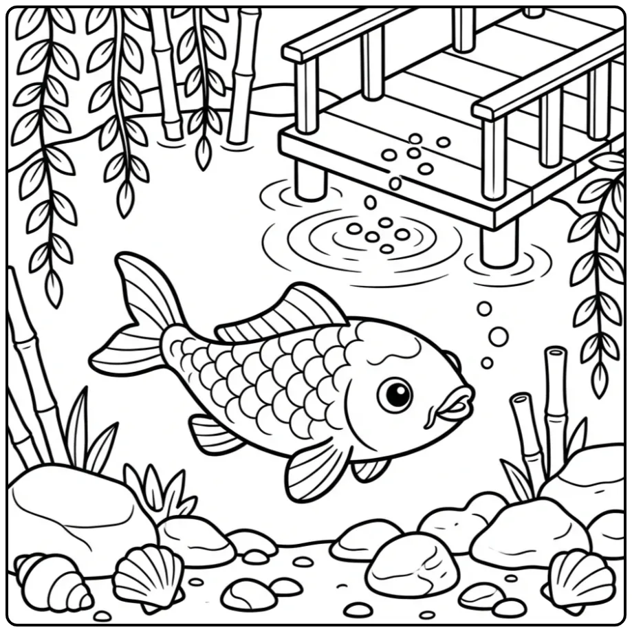 Cute Koi Carp by a Feeding Platform coloring page