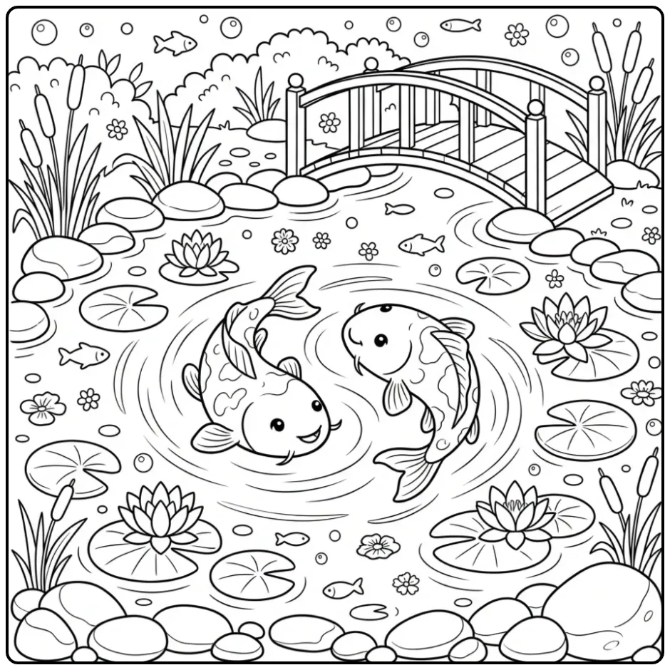 Koi carp coloring page with water lilies and a bridge