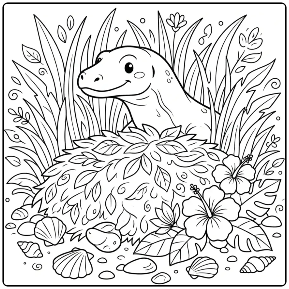 Curious Komodo Dragon coloring page behind leaves