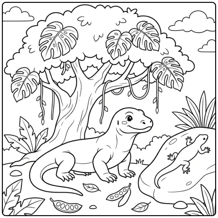 Komodo Dragon coloring page resting under a tree