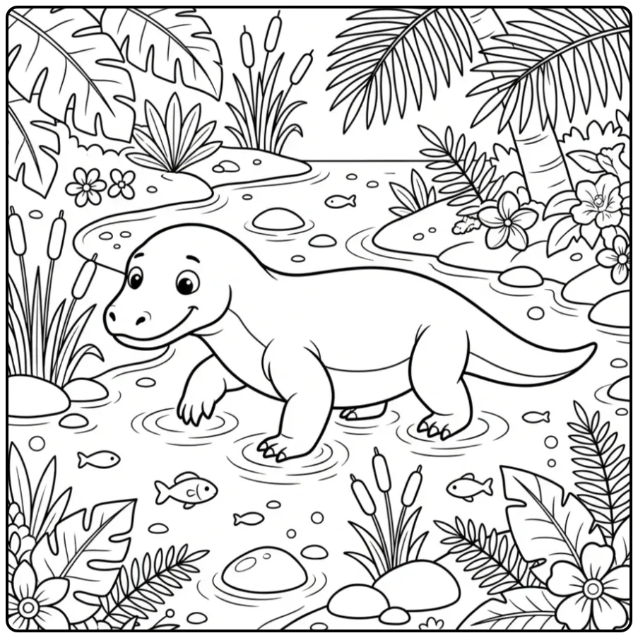 Cartoon Komodo Dragon coloring page in a river with stones