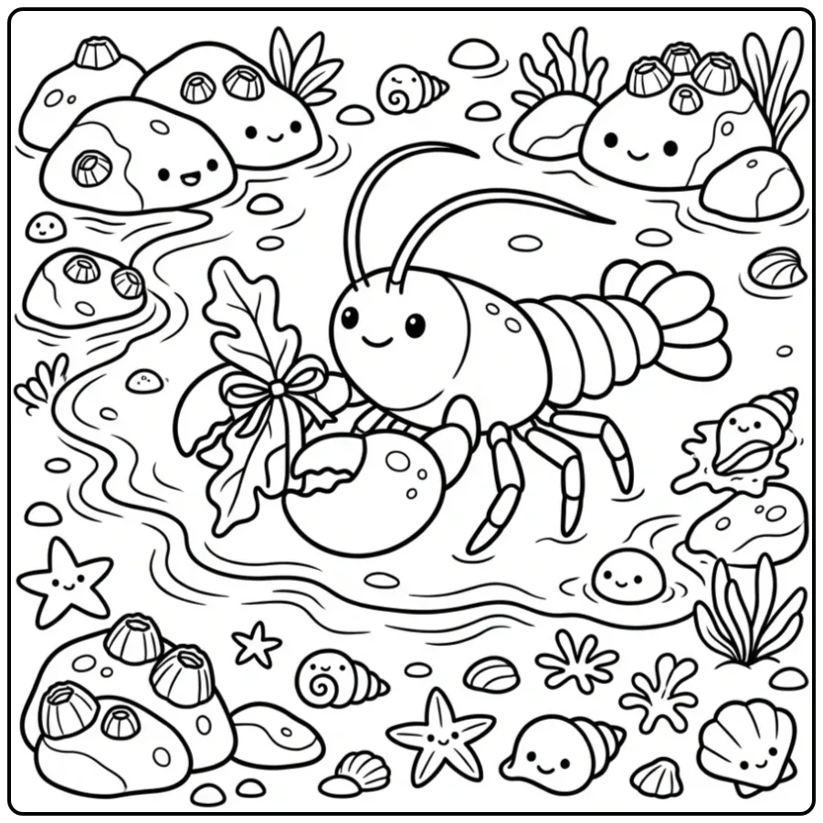 Lobster coloring page carrying seaweed in a tide pool