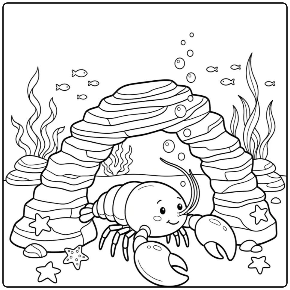 Lobster coloring page under a stone arch with fish