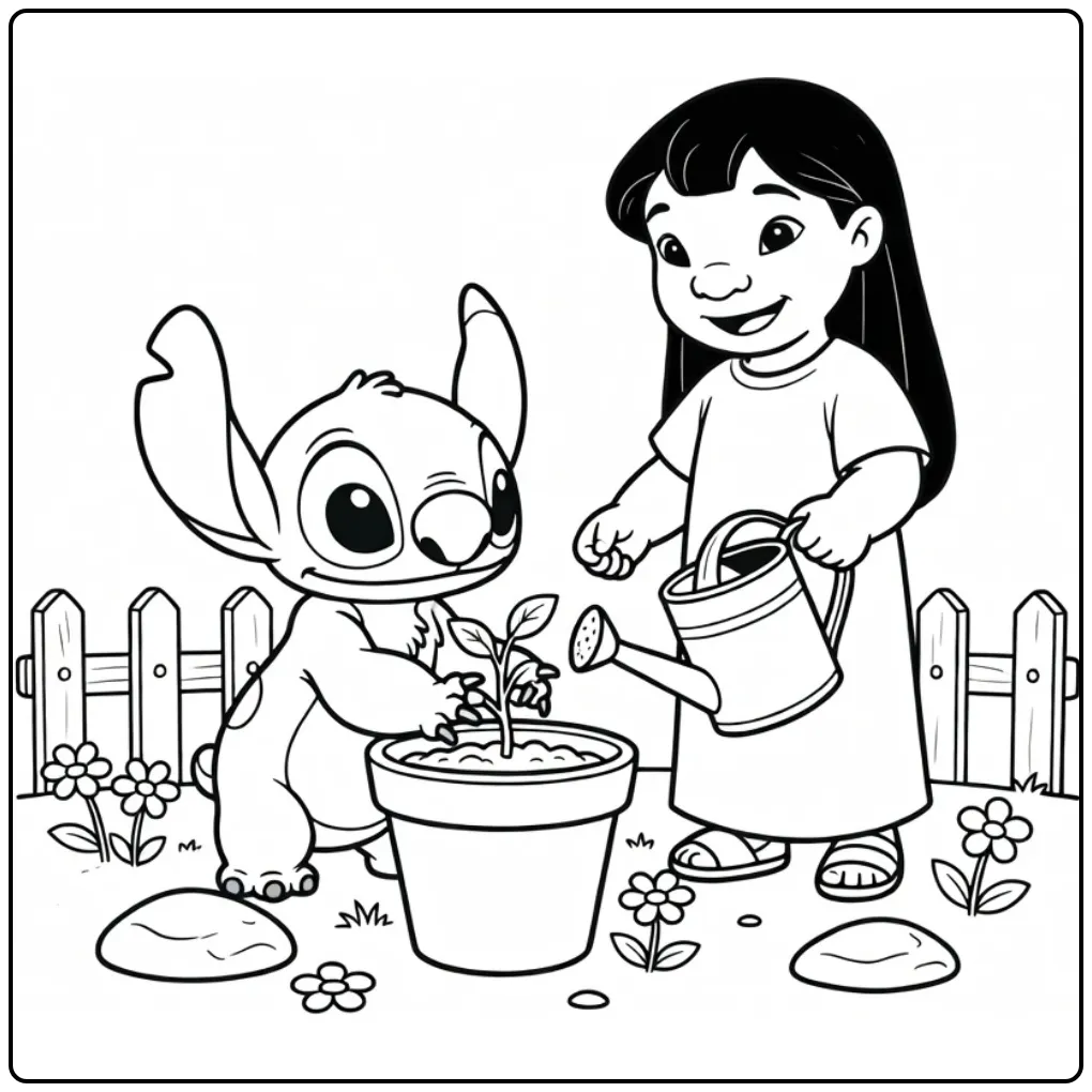 Cute Lilo and Stitch in the Garden with Plants coloring page