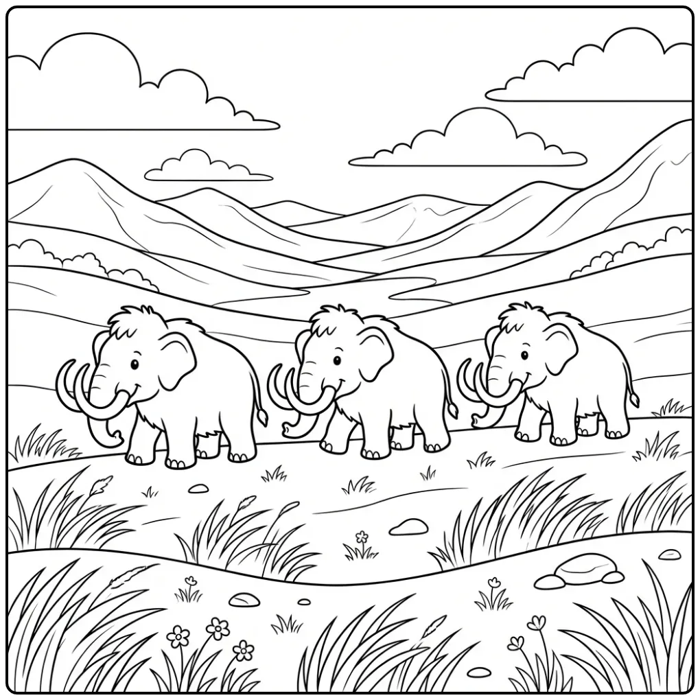Cute Mammoth Friends in Valley coloring page