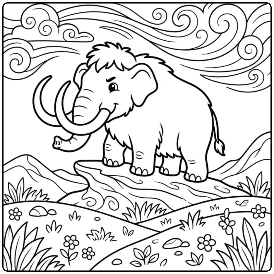 Cute Mammoth Clouds and Hills coloring page