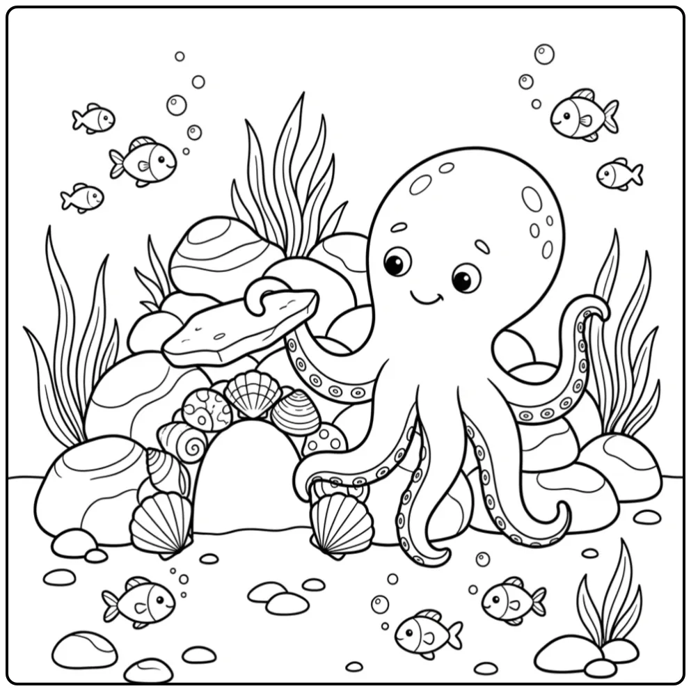 Octopus coloring page guarding its den