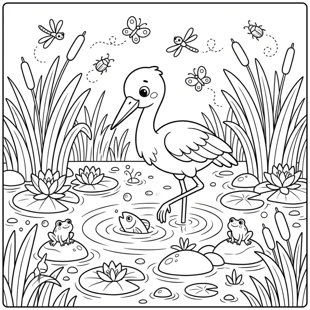Cute Stork Among the Reeds coloring page