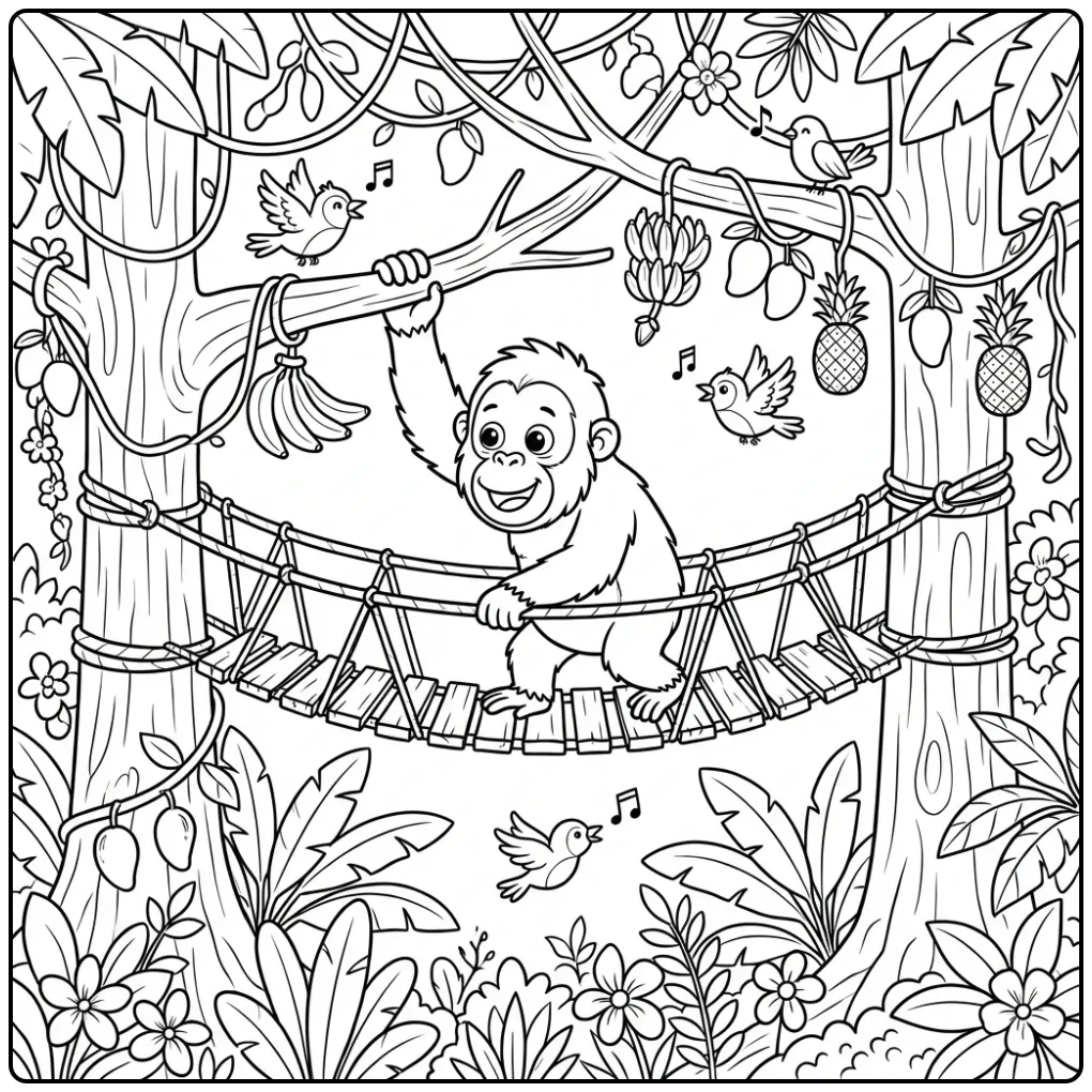 Cute Orangutan on a Rope Bridge coloring page