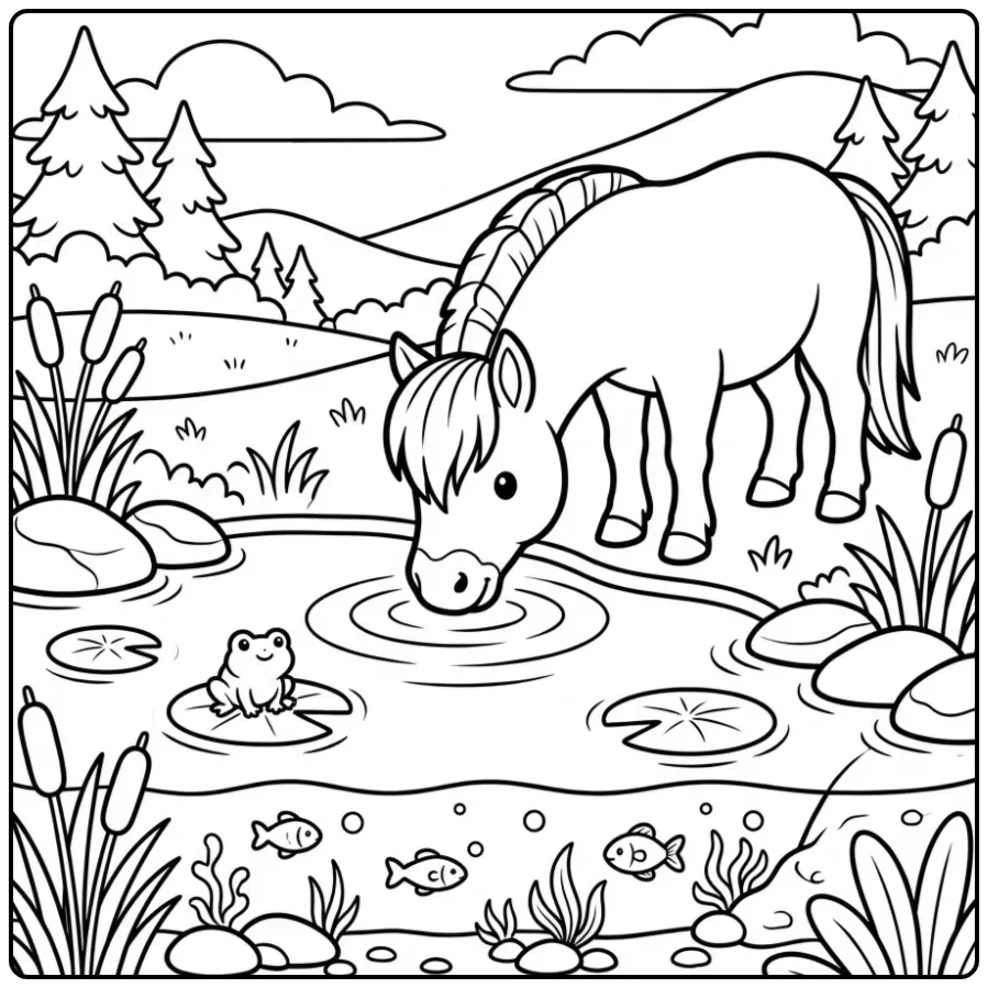 Cute Fjord Horse Drinking by a Pond coloring page