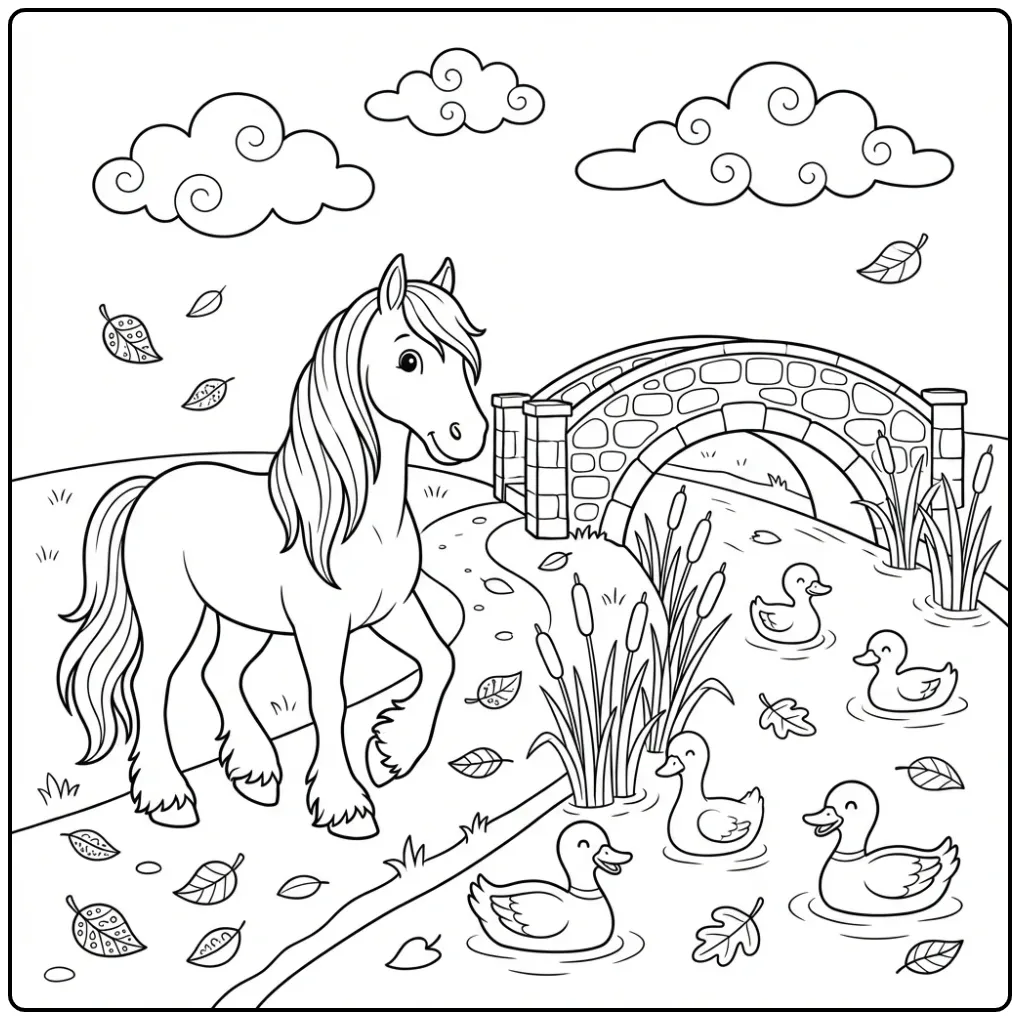 Cute Friesian Horse with a Canal coloring page