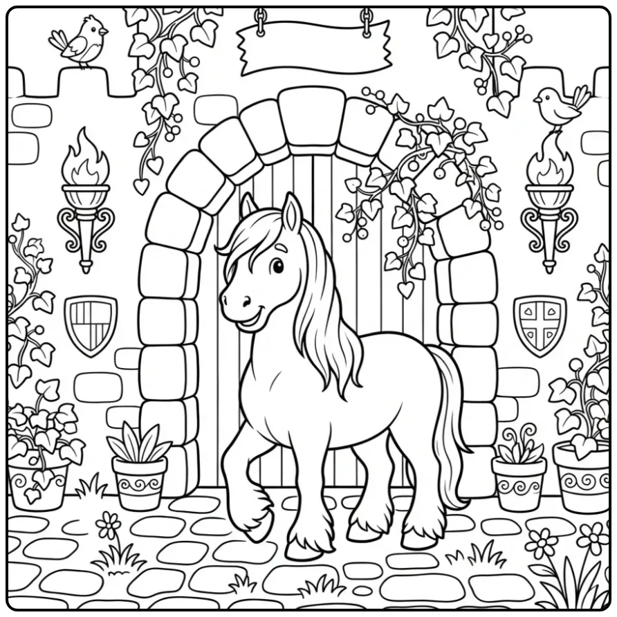 Cute Friesian Horse with a Stone Castle Gate coloring page