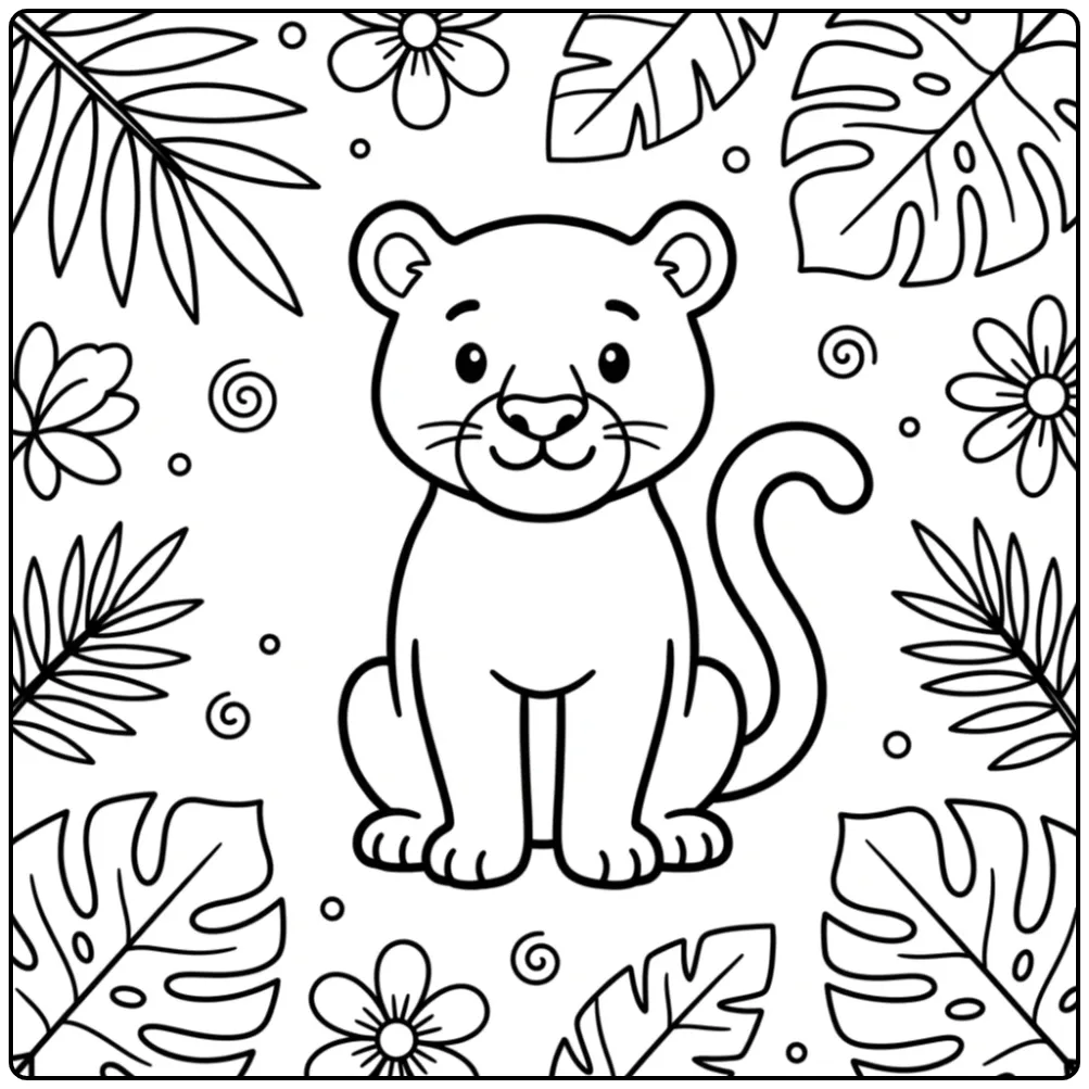 Cute Easy Panther with Leaves coloring page