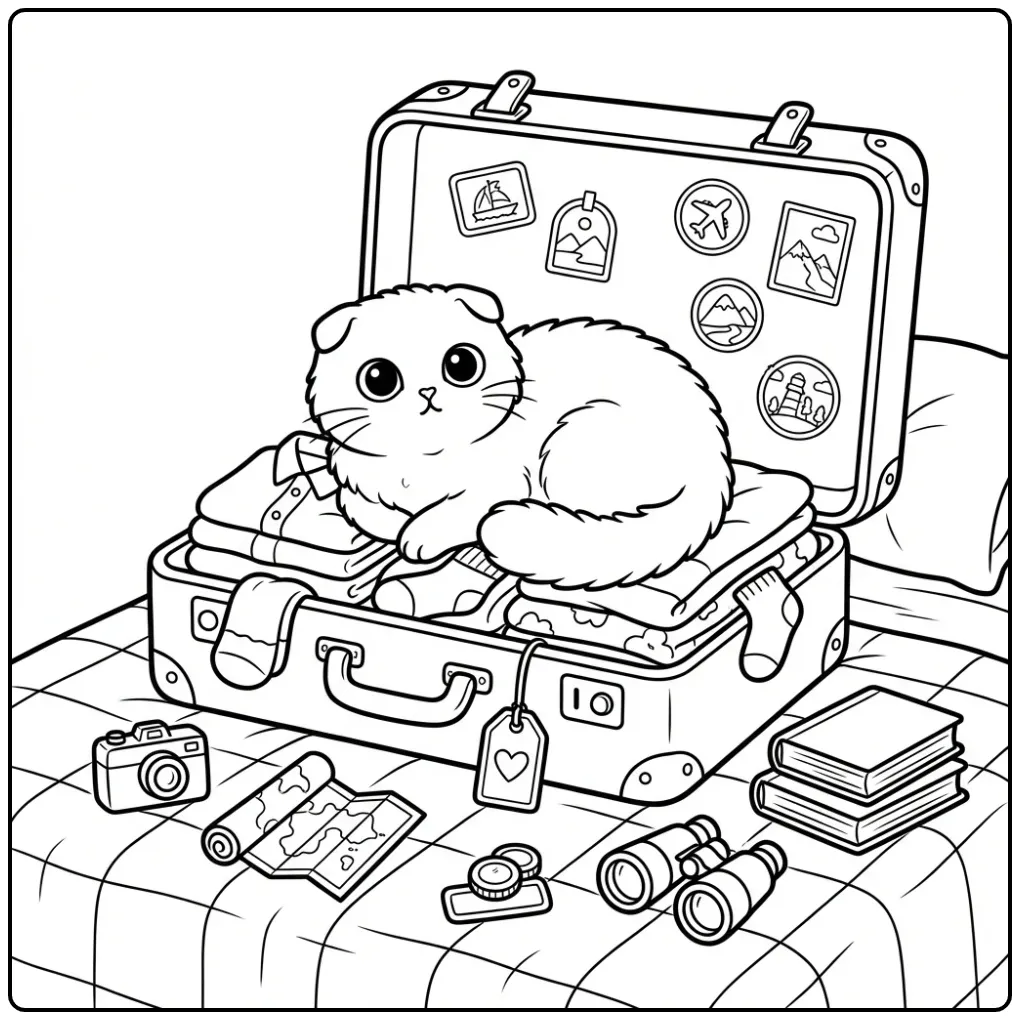 Cute Cat in Suitcase with Stickers coloring page
