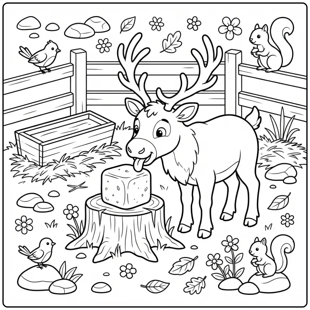 Reindeer coloring page featuring a reindeer at a salt block
