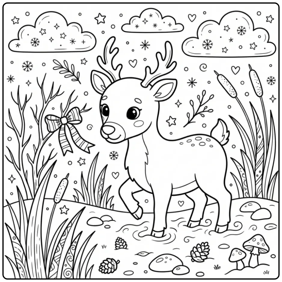 Reindeer coloring page showing a reindeer walking in snow