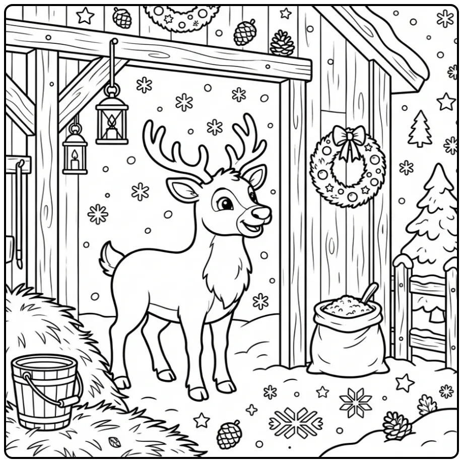 Reindeer coloring page showing a reindeer in a stable
