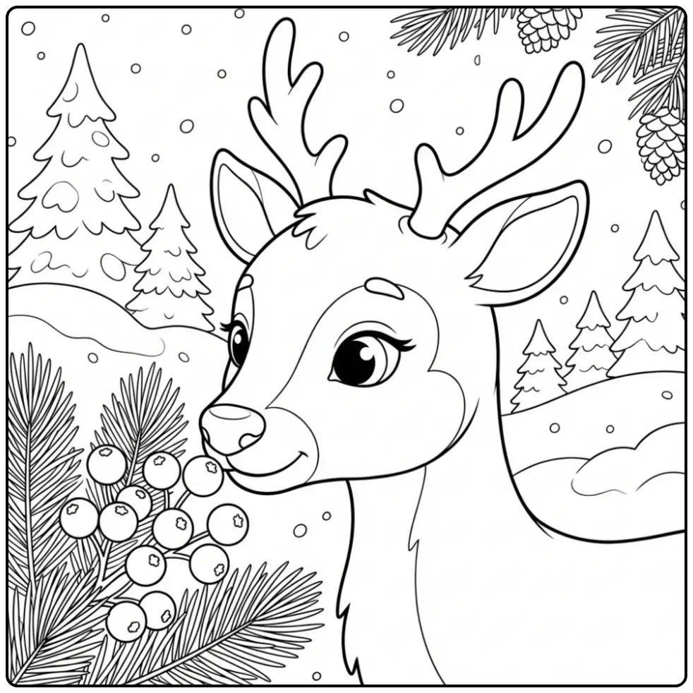 Reindeer coloring page showing a reindeer in a winter landscape