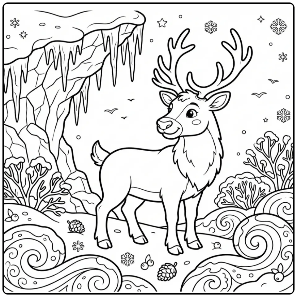Reindeer coloring page featuring a reindeer near icicles