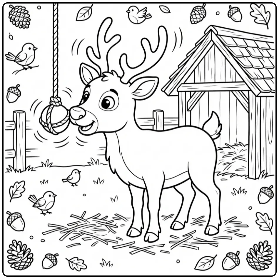Reindeer coloring page featuring a reindeer playing in the zoo