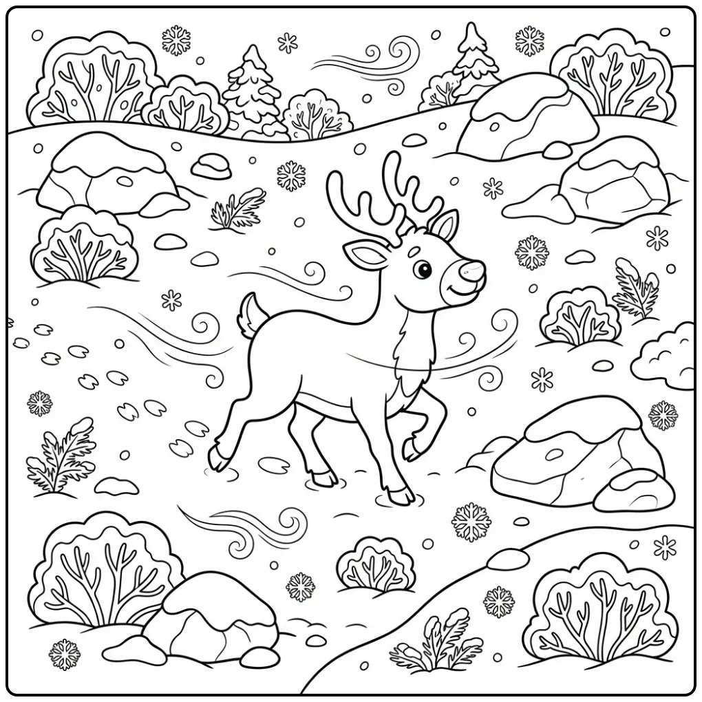 Reindeer coloring page featuring a reindeer in a snowy valley