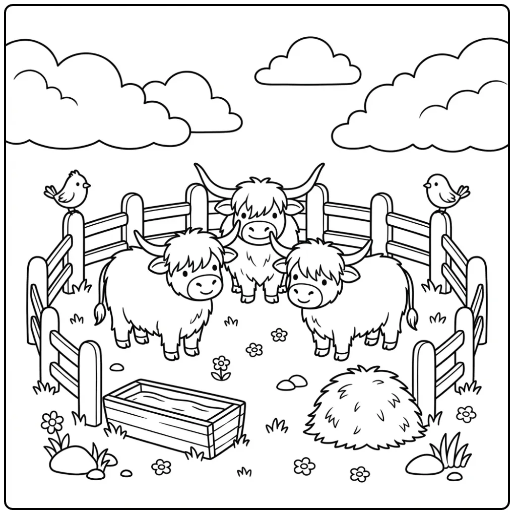 Scottish Highland cow coloring page in a meadow