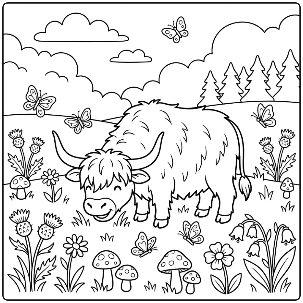Cute Scottish Highland Cow with Butterflies coloring page