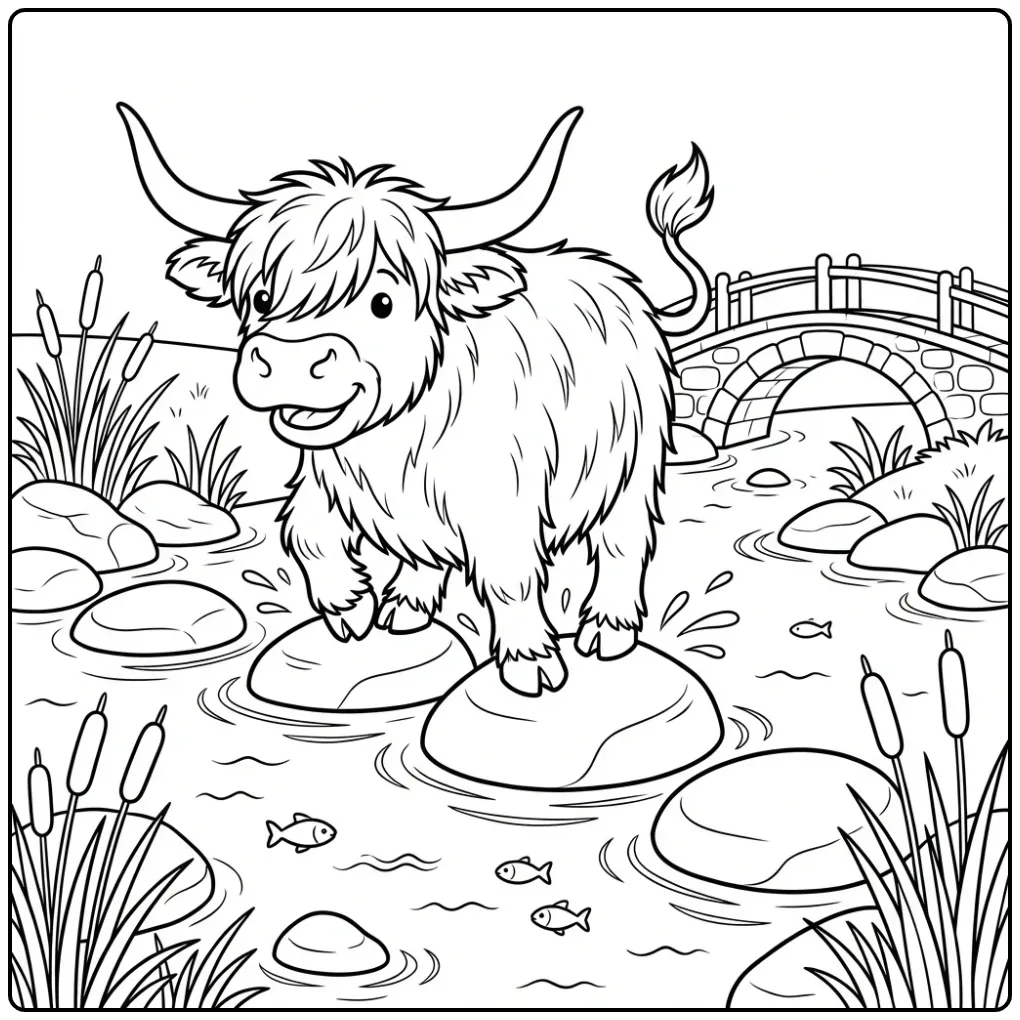 Cute Scottish Highland Cow on Stepping Stones coloring page