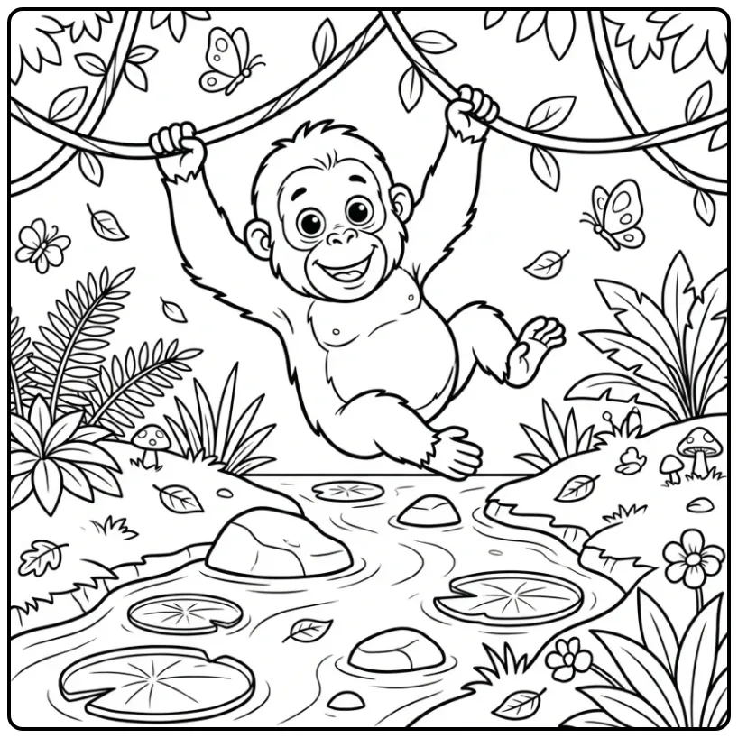 Cute Orangutan Swinging in the Jungle coloring page
