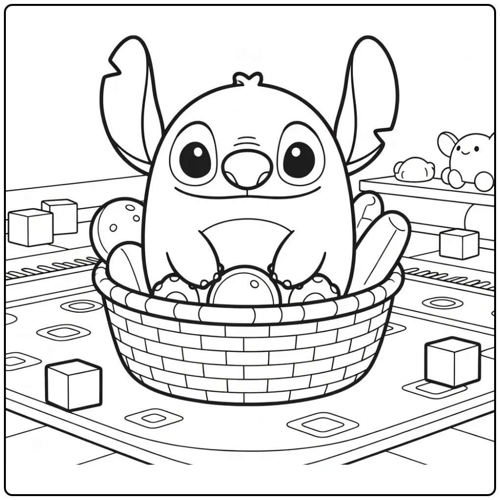 Cute Squishmallow Stitch in a Toy Basket coloring page