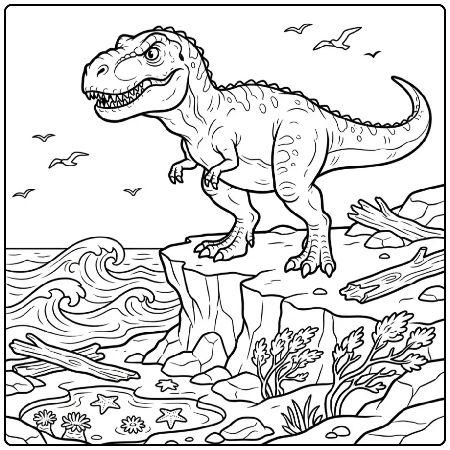 T. Rex coloring page with waves and seabirds