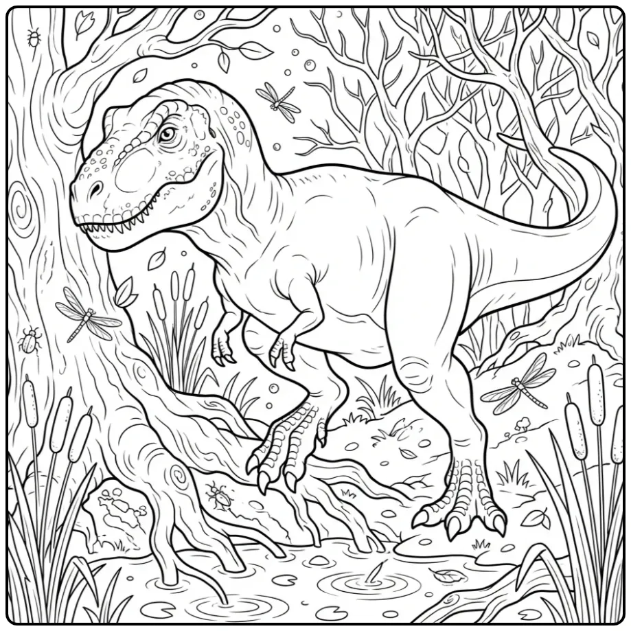 Cartoon T. Rex coloring page stepping between large tree roots