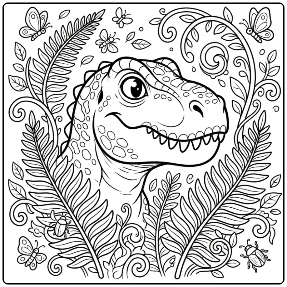 Close-up T. Rex coloring page among ferns