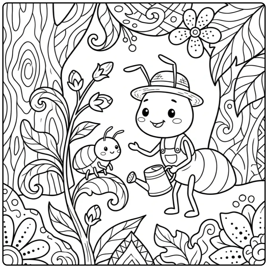 Ant coloring page showing an ant with an aphid on a plant
