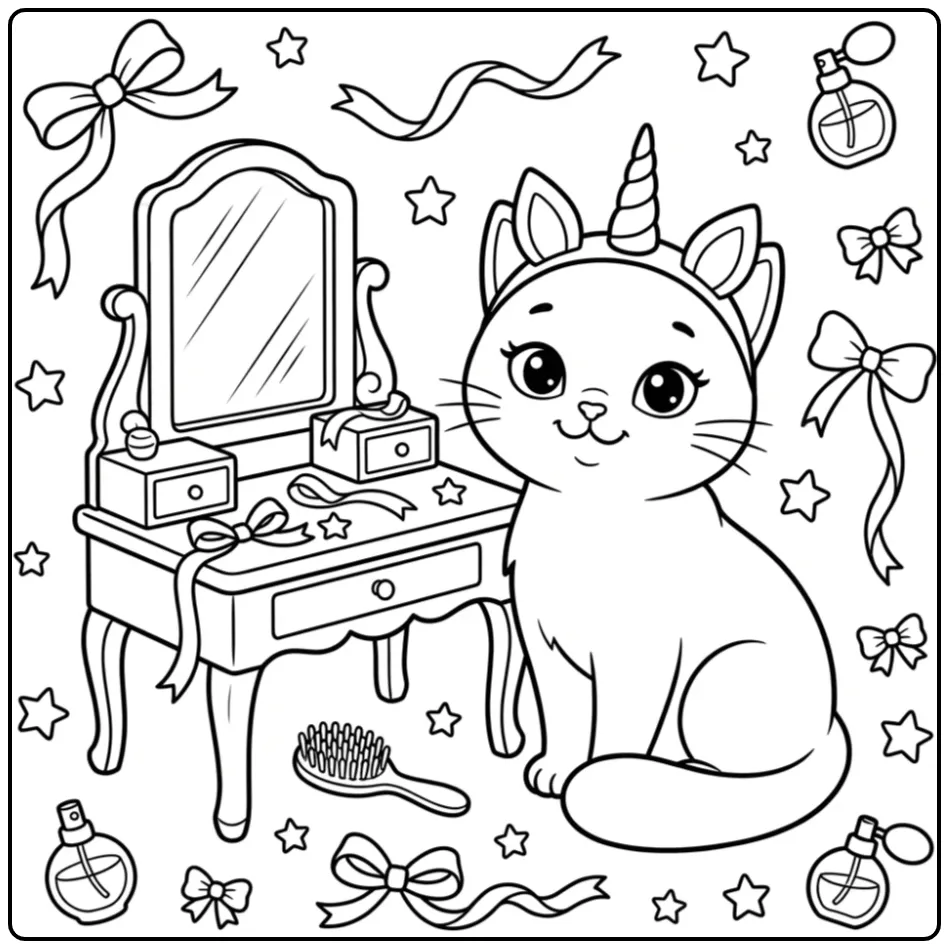 Cute Unicorn Cat with Brush and Ribbons coloring page