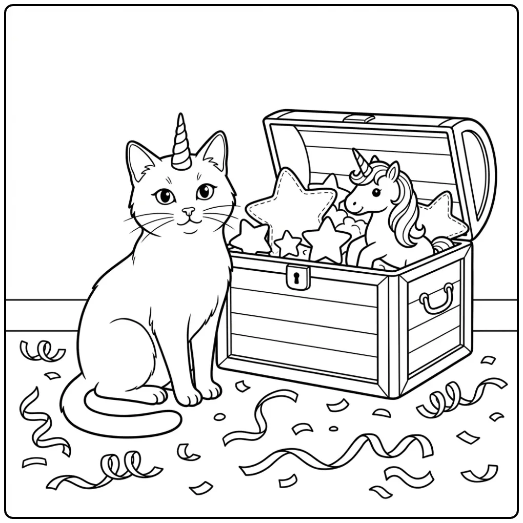 Cute Unicorn Cat with a Toy Box coloring page