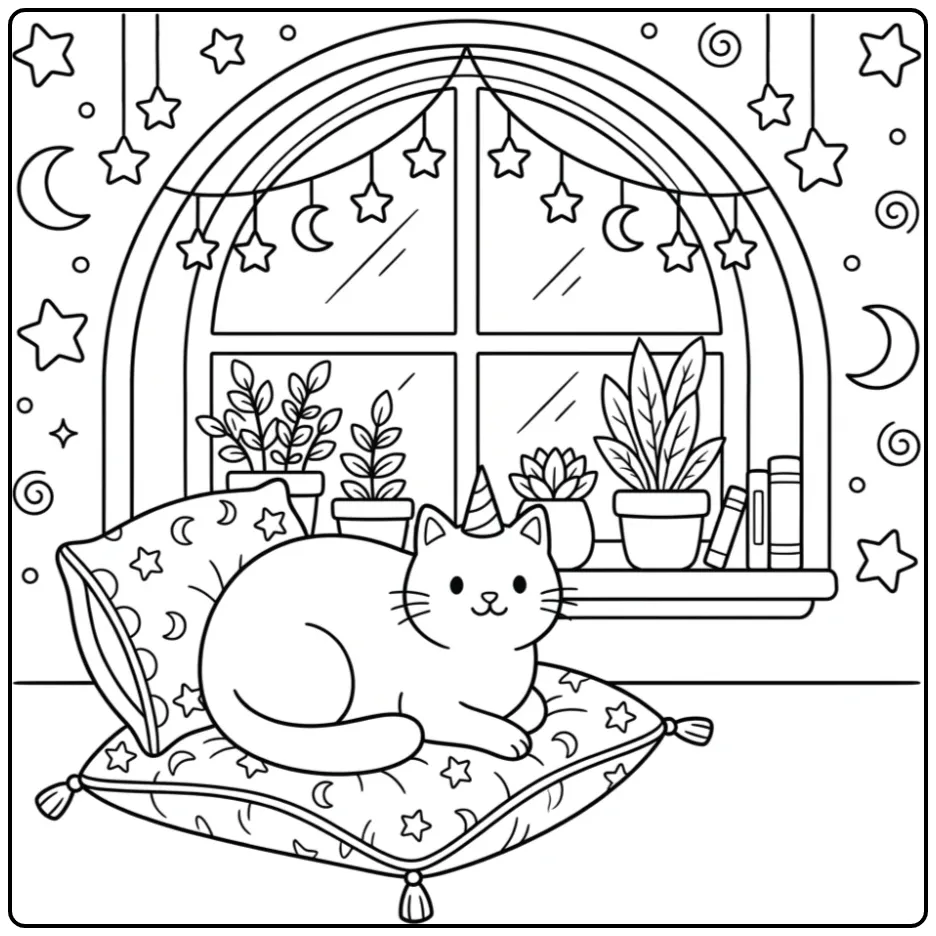Cute Unicorn Cat on a Soft Pillow coloring page
