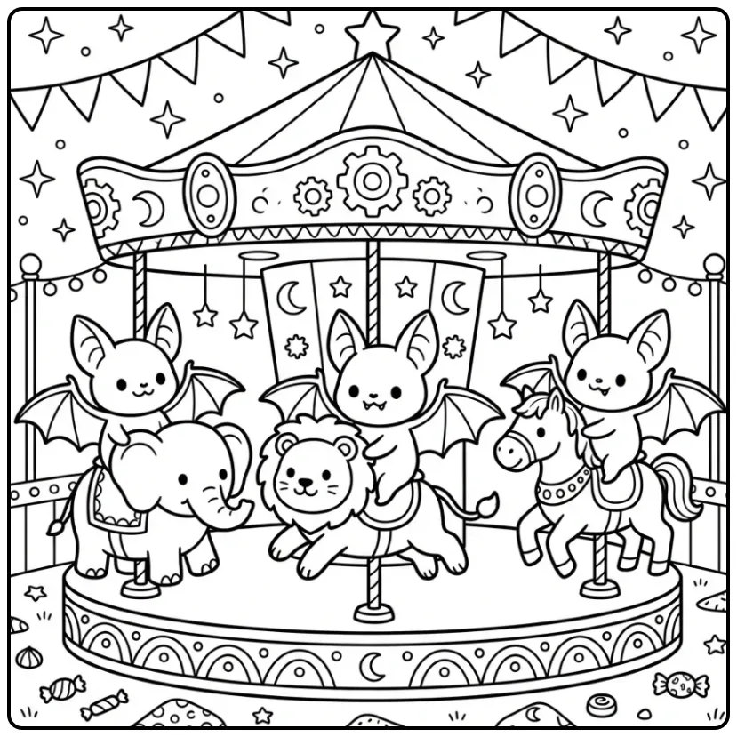 Cute Bat on the Carousel coloring page