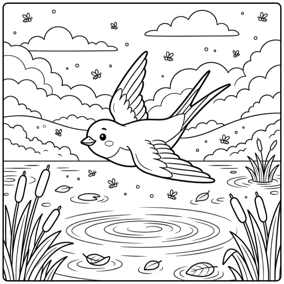 Cute Flying Bird Above a Quiet Lake coloring page